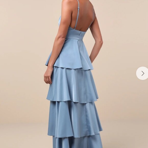 Lulus Going with Slate Blue Satin Tiered Gown - Picture 2 of 6
